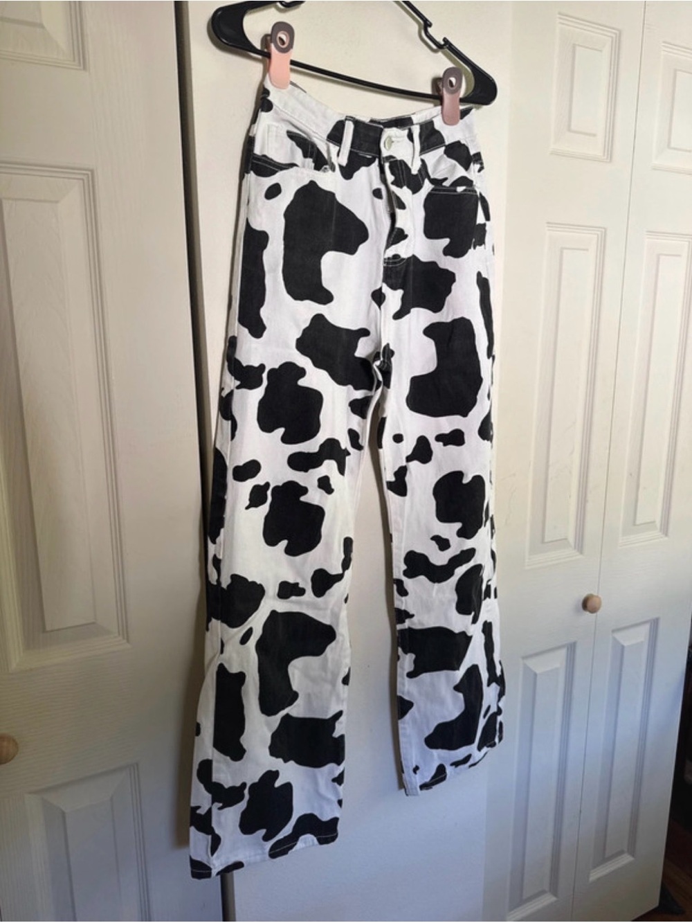 SHEIN Black & White Cow-Print Wide Leg Jeans